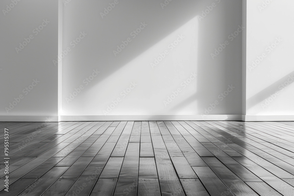 A minimalist stage set against a white blank background, featuring a sleek, polished wooden floor