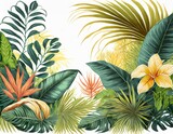 composition of leaves and flowers of tropical plants on a white background