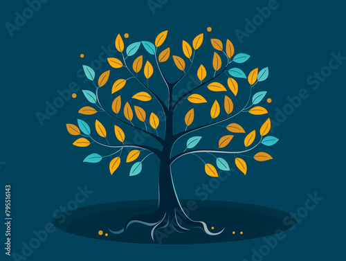 Artistic tree with yellow and blue leaves on a navy blue background.