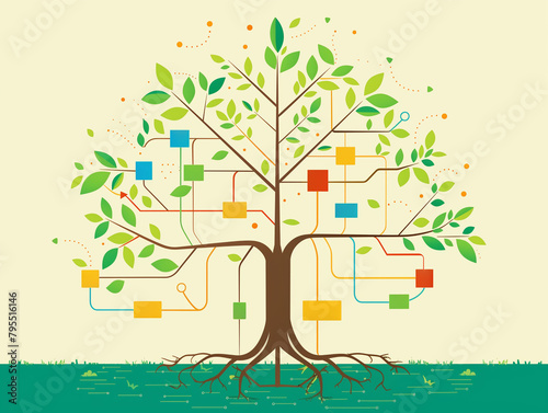 Illustrative tree with colorful icons on branches over a dual-tone background.