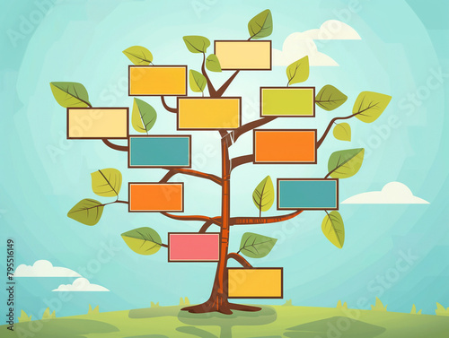 Stylized illustration of a tree with colorful rectangular frames for leaves against a pastel sky.