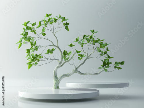  Elegant bonsai tree with lush green leaves on a sleek white circular platform, studio setting.