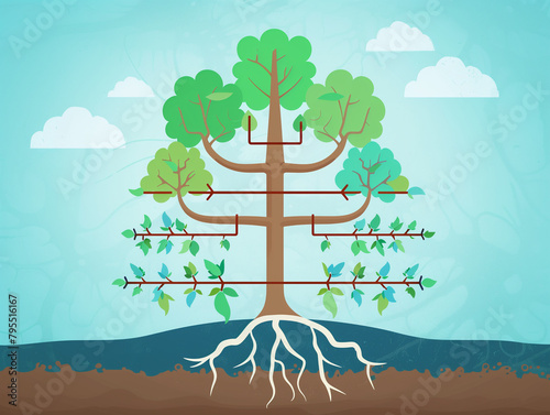 Vector graphic of a tree with a segmented structure against a sky and soil backdrop.