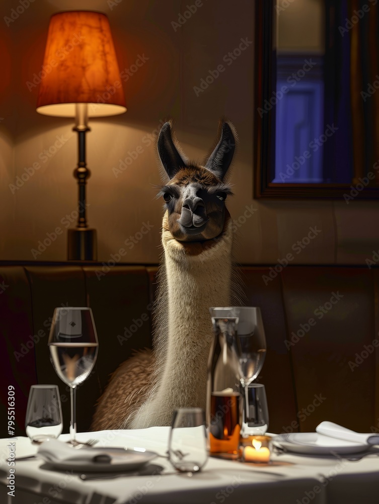 Obraz premium Elegant dining setting with a llama as an unexpected patron.