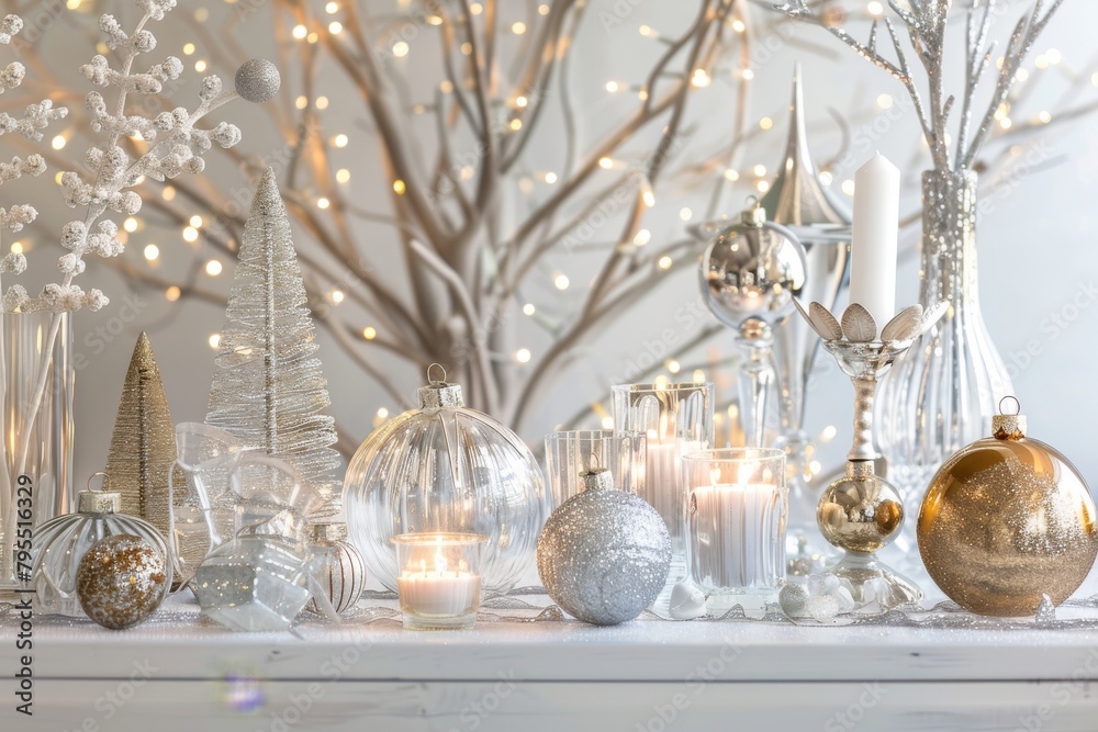 Glamorous decor accessories against a soft transparent white backdrop, perfect for festive compositions