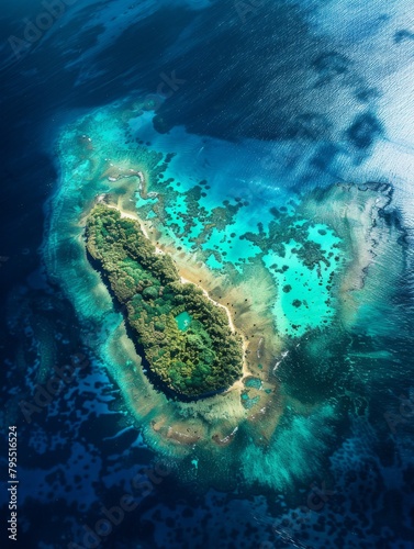 Vibrant Coral Atoll Viewed From Above The Turquoise Waters on Tropical Day.