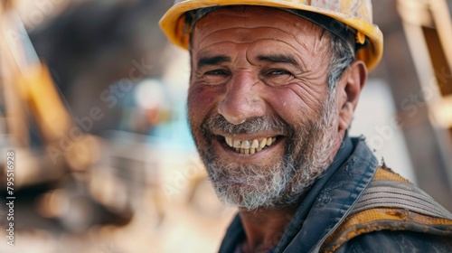 Worker with helmet smiling at camera on unfinished construction site with out of focus background