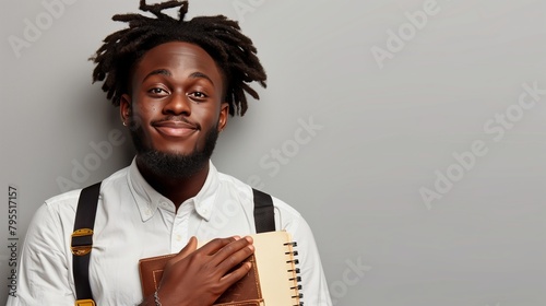 A man with a jheri curl is smiling, holding a notebook photo