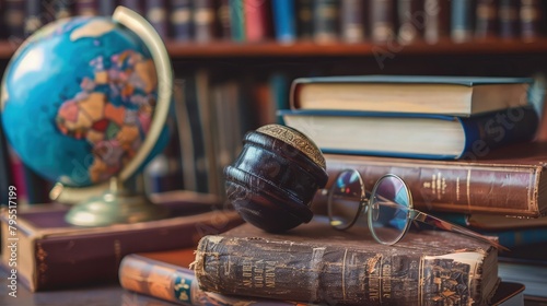  In a sophisticated laboratory setting, a gavel rests next to a globe atop a wooden table. An open book, filled with knowledge and wisdom, lies nearby, accompanied by a pair of glasses. 
