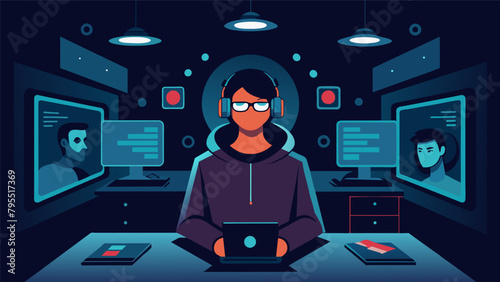 A person in a dark room surrounded by screens and technology trying to shield their thoughts from being monitored and recorded..