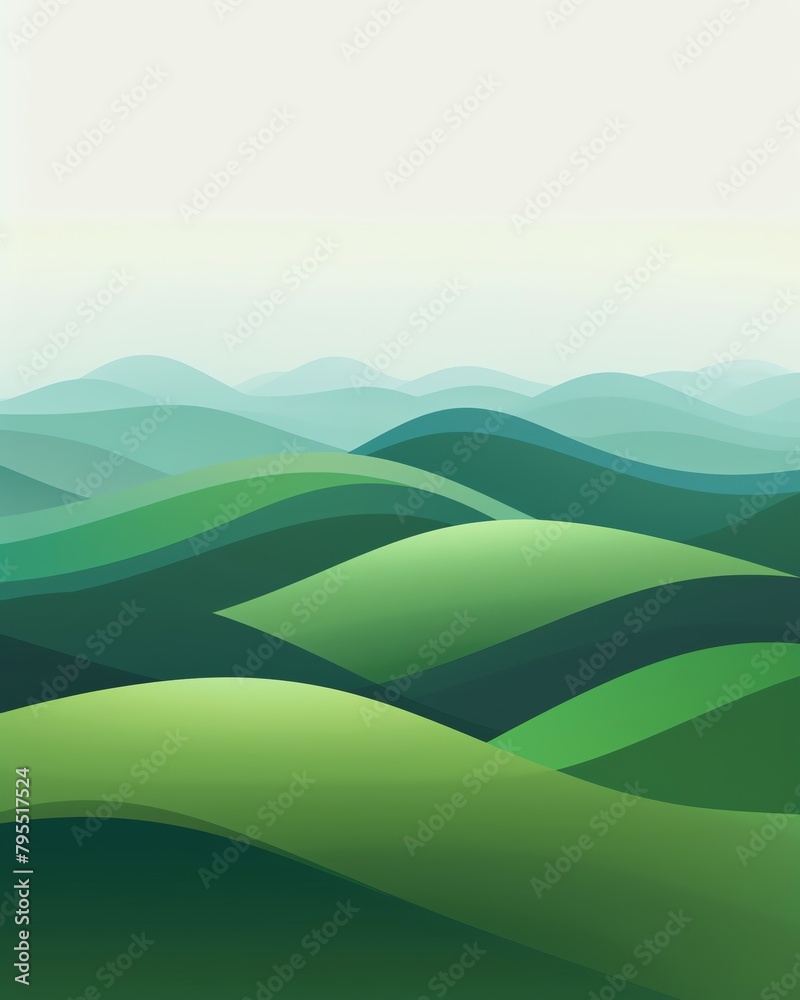 Abstract green hills background, with simple shapes in a minimalistic style, on a light gradient background with soft lighting The style is clean and modern, created as digital art at high resolution