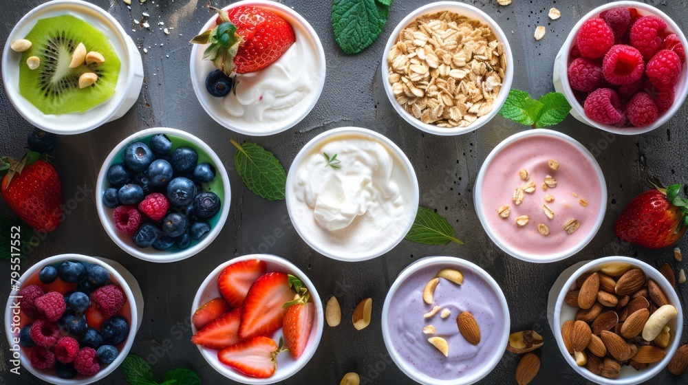 Yogurt cups arranged in a variety of flavors and toppings, surrounded by fresh fruits and nuts.