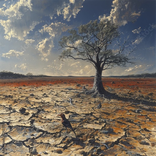 A lone tree stands in a vast desert landscape. The cracked earth is dry and barren, and the only other living things in sight are a few small birds. The sky is a clear blue, and the sun shines brightl photo