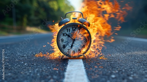 An alarm clock is burning on the asphalt road