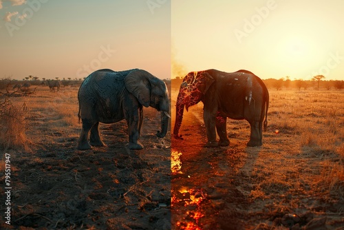 An elephant made of fire and an elephant made of stone facing each other in the middle of a grassy plain during sunset