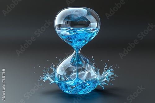 An hourglass made of glass with blue water inside on a black background. photo