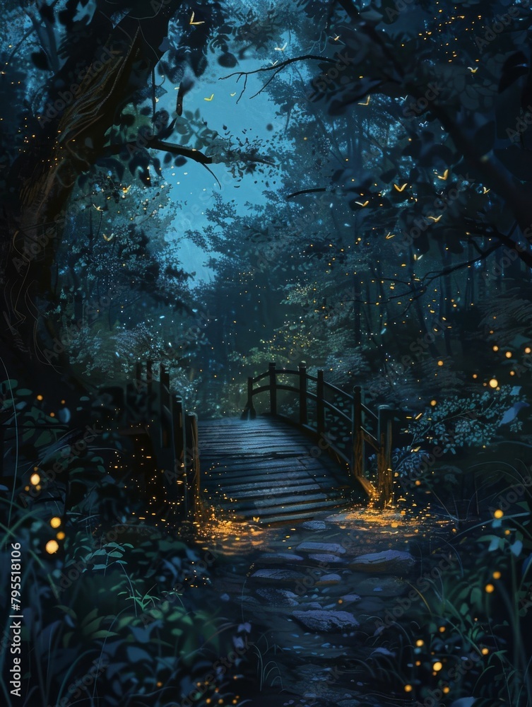 Obraz premium A peaceful night in the enchanted forestglowing fireflies dance.