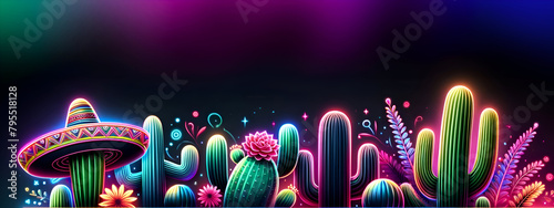 Vibrant Neon Cacti with Glowing Lights, Mesmerizing Desert Plants in Multicolored Illumination, Radiant Cactus Collection for Cinco de Mayo, Ideal for Wall Art, Poster, Background
