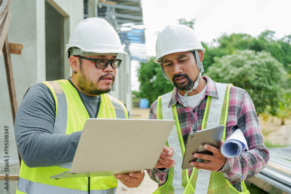 Construction professionals in high-visibility vests engage in discussion with laptop and smartphone, construction framing behind. Architects and engineers supervise house construction. Construction professionals in high-visibility vests engage in discussion with laptop and smartphone, construction framing behind. Architects and engineers supervise house construction.