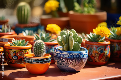 Traditional Mexican pottery displayed alongside Mexican cactus plants for a Cinco de Mayo celebration photo