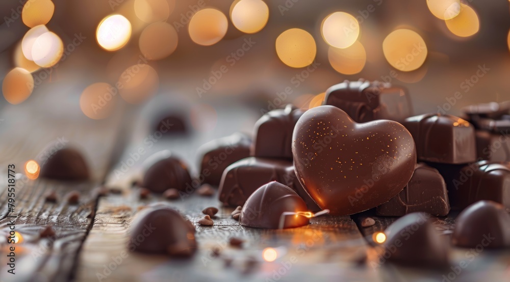 Chocolate heart shaped candies and chocolate on an elegant wooden table with blurred background of light glowing lights for Valentine's Day celebration. Chocolate heart shaped candies and chocolate on an elegant wooden table with blurred background of light glowing lights for Valentine's Day celebration.