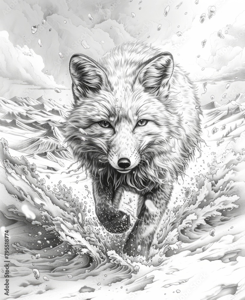 Majestic Wolf Emerging from Ocean Waves in Monochrome Illustration Majestic Wolf Emerging from Ocean Waves in Monochrome Illustration