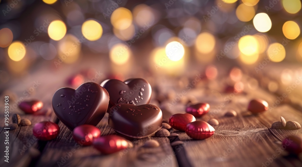 Chocolate heart shaped candies and chocolate on an elegant wooden table with blurred background of light glowing lights for Valentine's Day celebration. Chocolate heart shaped candies and chocolate on an elegant wooden table with blurred background of light glowing lights for Valentine's Day celebration.