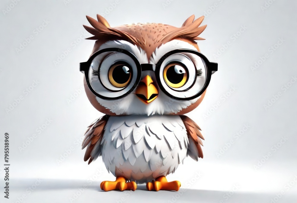 Adorable 3d rendered cute happy smiling and joyful baby owl wearing glasses cartoon character on white backdrop