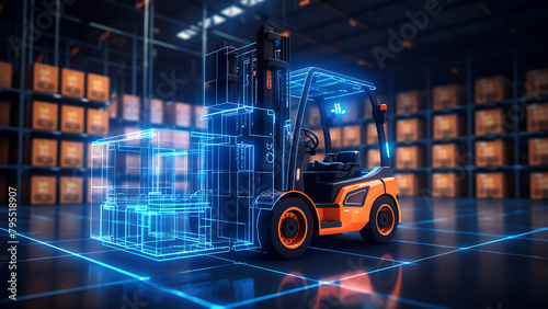 Forklifts carry out storage in warehouses with automation. Automated logistics services, digital warehouse, forklift technology, electric cargo machines, package delivery, AI industrial equipment.