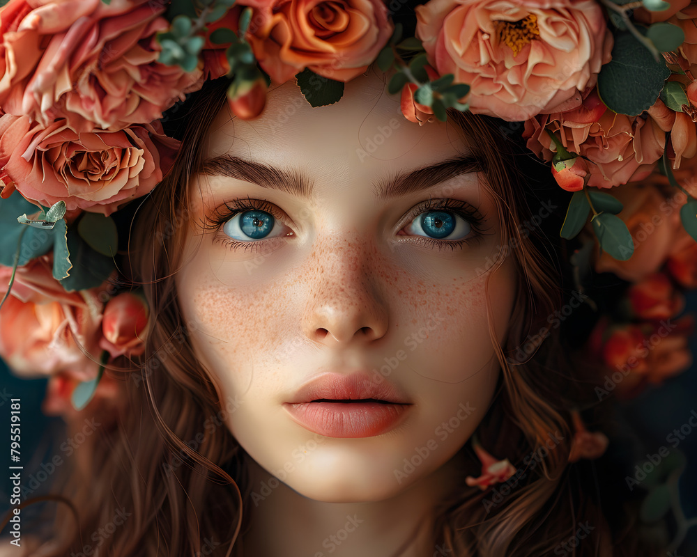 Naklejka premium A woman with blue eyes and brown hair wears a flower crown.