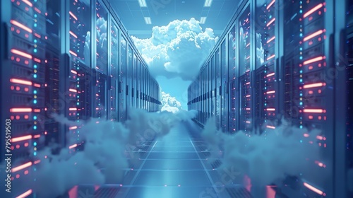 Cloud Computing: A 3D vector illustration of a cloud infrastructure with servers and data storage units photo
