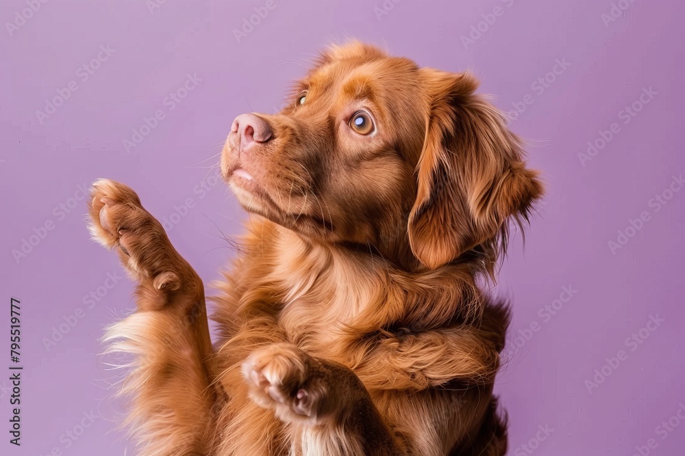 Golden retriever puppy raising paws, curious and attentive, on a purple background, encapsulating the concept of canine inquisitiveness and charm