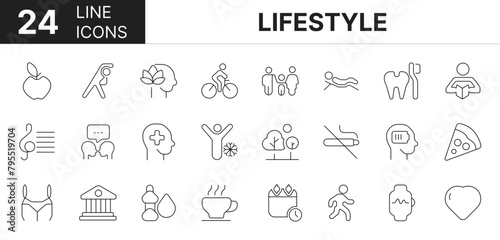 Collection of 24 lifestyle line icons featuring editable strokes. These outline icons depict various modes of lifestyle. Health  sport  gym  healthy  exercise 