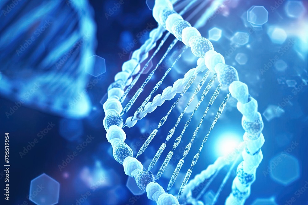 DNA Strand on Blue Background: Atmospheric Technocore - Close-Up DNA Strand on Blue Background: Atmospheric Technocore - Close-Up