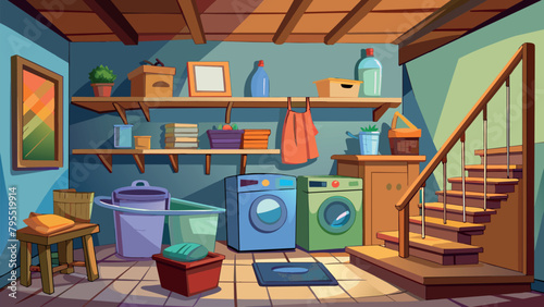 basement in an old house. laundry room with dryer. warehouse of old things. wooden ladder and shelves with trash