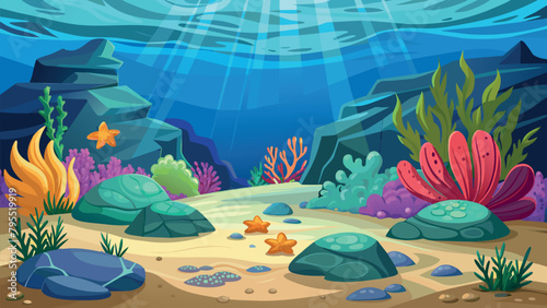 underwater fairy-tale world, golden shells, red corals, starfish on smooth rocks. the sun's rays penetrate the crystal clear sea water
