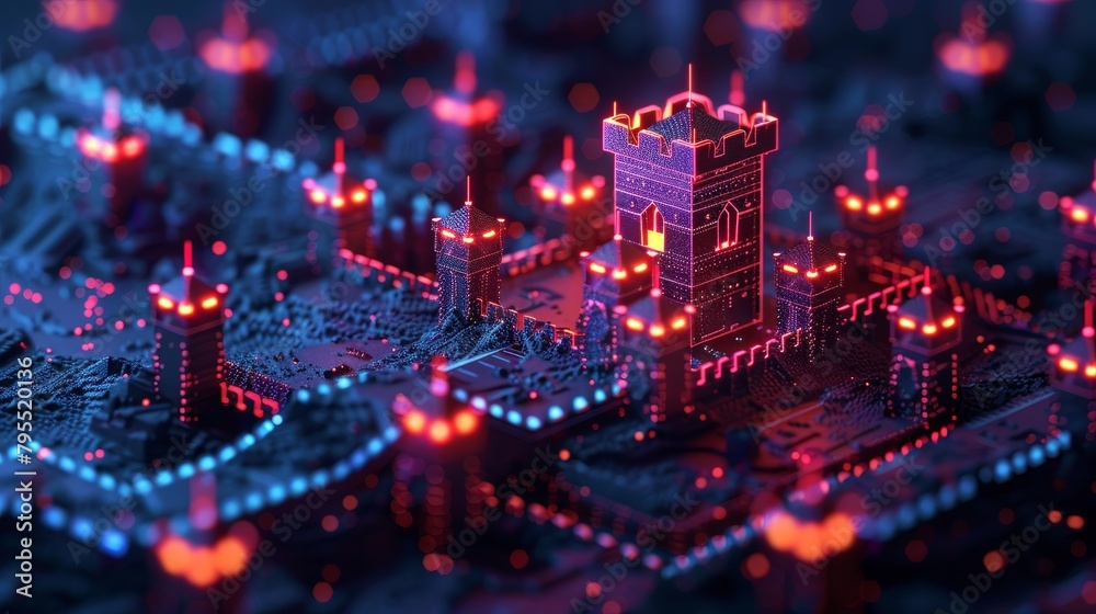 Cybersecurity: A 3D vector illustration of a digital fortress protecting data from cyber threats