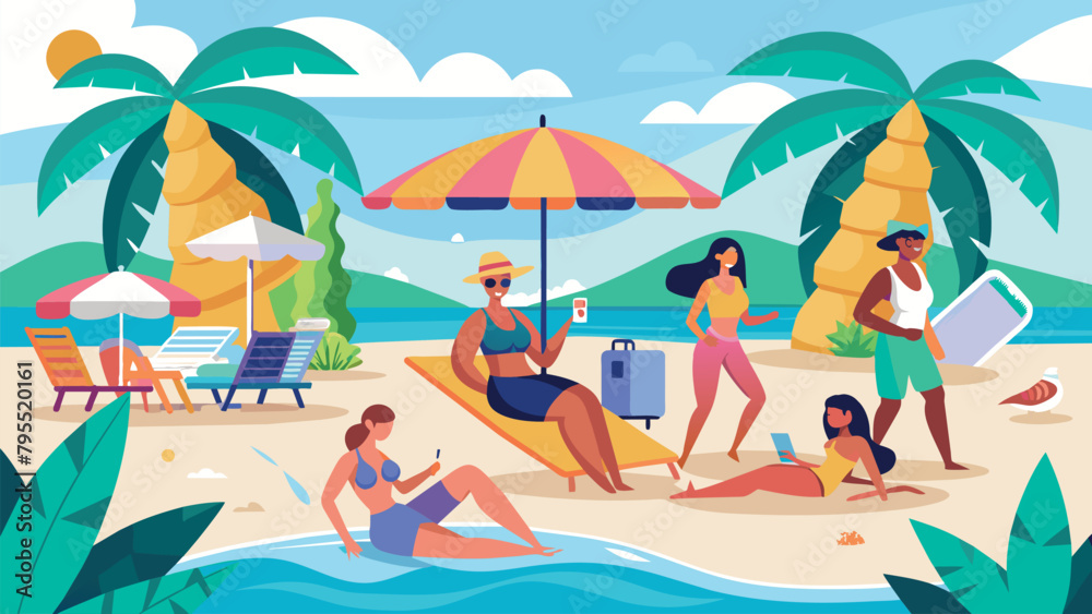 concept of summer holiday on the beach with sunny sand. people sunbathe on sun loungers and surfboards with gadgets in their hands. Dependency and busyness during vacation