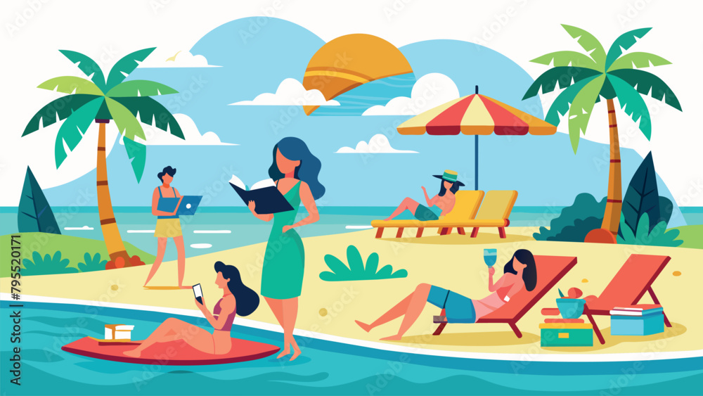 concept of summer holiday on the beach with sunny sand. people sunbathe on sun loungers and surfboards with gadgets in their hands. Dependency and busyness during vacation
