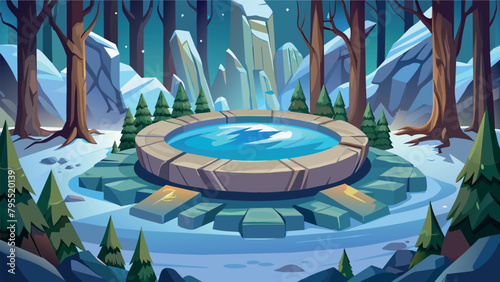 a portal in a snowy forest in the form of a pedistal in the center with a surface of water, against the backdrop of rocks and mountains