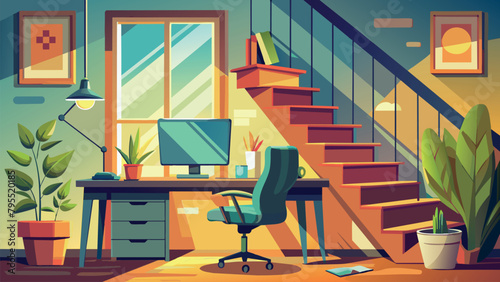 compact and small workplace at home near a wooden staircase. Computer desk with a turned off monitor, an empty chair, vegetation and warm lamps.