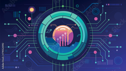 background of digital data transmitted along wire tracks to the center of the circle in the form of a database.
