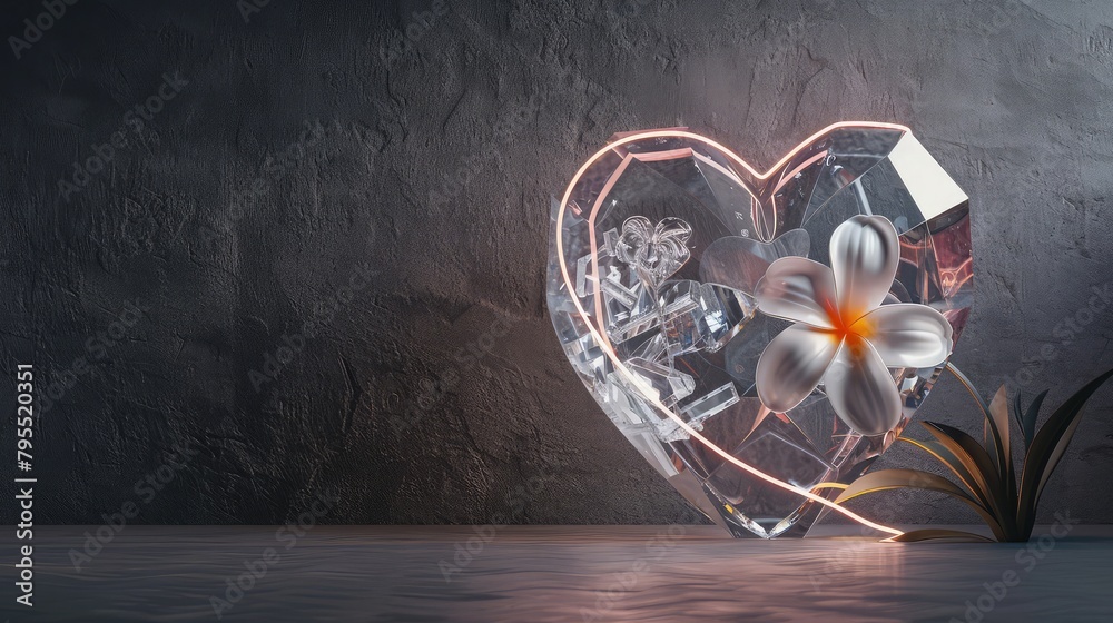 custom made wallpaper toronto digitalA 3D rendered image of a crystal heart with a fiery neon orange and red core, surrounded by bright neon sunflowers that seem to emit their own light. 