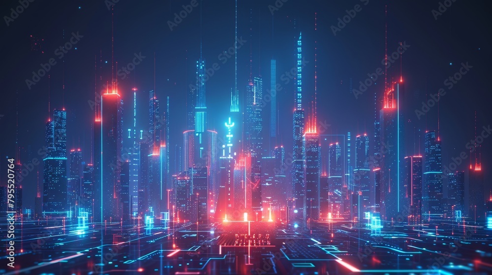 Obraz premium Digital Innovation: A 3D vector illustration of a futuristic cityscape with advanced digital infrastructure