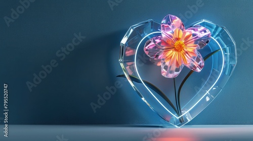 A realistic 3D render featuring a crystal heart with a core of swirling neon red and purple lights, with neon tulips emerging from the base of the heart, casting soft reflections on the surface.
