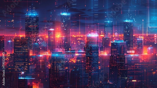 Digital Innovation: A vector illustration of a futuristic city skyline with digital billboards and smart technologies