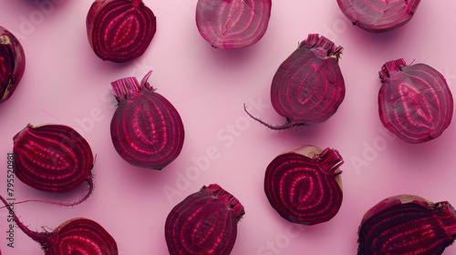 Sliced and whole beets on a pink background