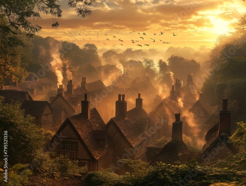 A small town with many houses and a lot of smoke coming out of the chimneys. The sky is orange and the sun is setting photo