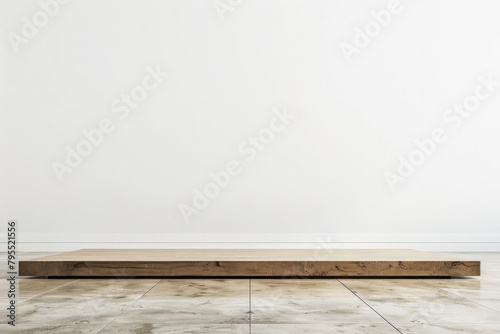 A minimalist stage set against a white blank background  featuring a sleek  polished wooden floor