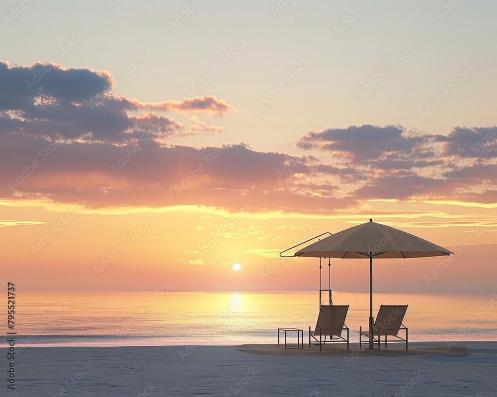 A serene beach scene with a sunset background, featuring a lone umbrella and two chairs, ideal for vacation and relaxation topics, super realistic